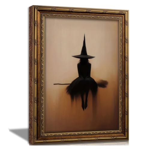 Vintage Gold Framed Halloween Canvas Wall Art, (Witch, 12"x16", Framed) - color: Witch, size: 16"L x 12"W