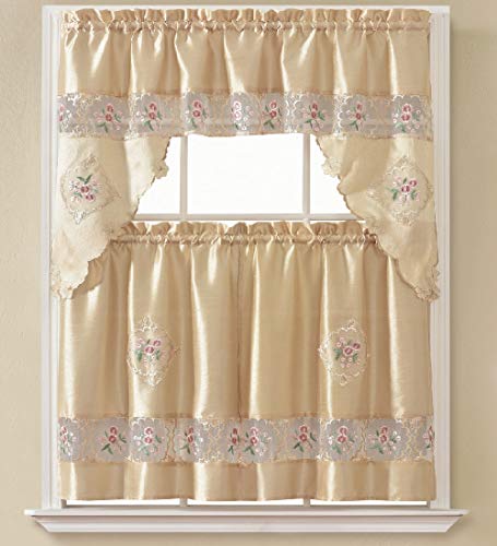 B&H Home Sydney Floral Embroidered 3-Piece Kitchen Curtain Window Treatment Set (Sydney Beige) - color: Sydney Beige