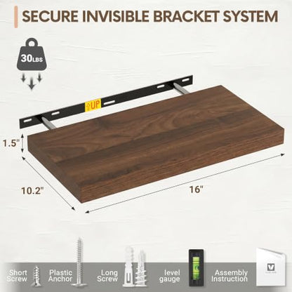 Vivelove 10 in Deep Floating Shelves 16” Set of 2, Walnut - color: Walnut, size: 16”wx10.2”dx1.5”h