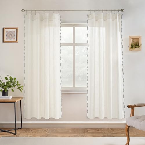 DriftAway Semi Sheer Scalloped Edge Linen Coastal Beach Window Curtains for Living Room Bedroom 2 Panels Rod Pocket Each Size 52 Inch by 72 Inch Gray - color: Linen Gray, size: 52"W x 72"L (Pack of 2)