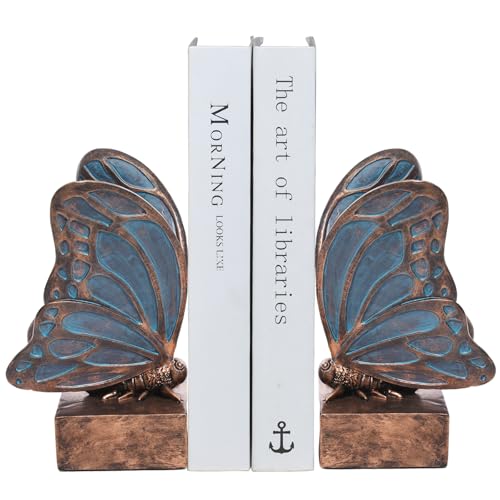 Vintage Blue Butterfly Bookends,Resin Book Ends for Shelves,Heavy Duty Decorative Bookends,Creative Book Stopper Holder Decor for Desk Home Office,Shelf Decoration,Gifts for Mother's Day - color: Copper Blue