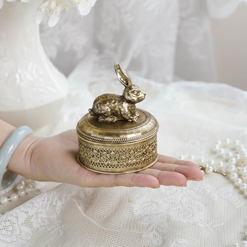 NIKKY HOME Gold Rabbit Jewelry Box, Vintage Mini Trinket Ring Organizer