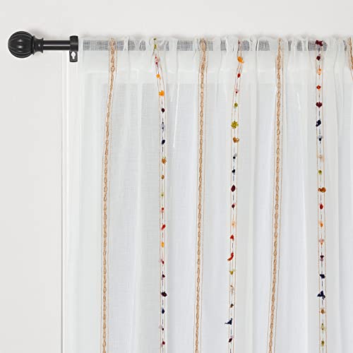 pureaqu Boho Striped Sheer Curtains Pompom Semi Sheer Drape 1PC W39 x L63