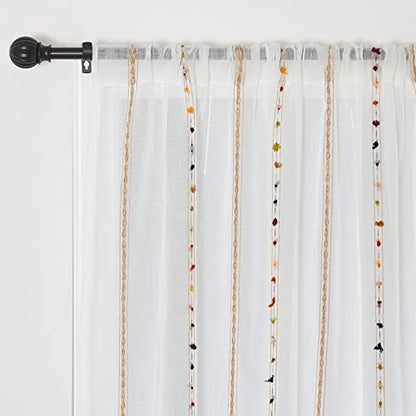 pureaqu Boho Striped Sheer Curtains Pompom Semi Sheer Drape 1PC W39 x L63