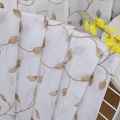 Tollpiz Leaves Sheer Tier Curtain Taupe Leaf Embroidery Kitchen Half Curtains Rod Pocket Voile Faux Linen Embroidered Leaves Curtain for Bathroom, 30 x 36 inches Long, Set of 2 Panels - color: Taupe, size: 30"W x 36"L (Pack of 2)