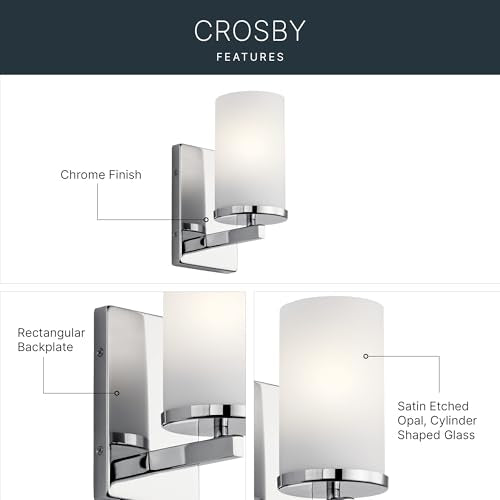 Kichler Crosby 9.25" 1-Light Wall Sconce Light, Chrome - color: Chrome, size: 1 Light, style: Satin Etched Cased Opal Glass