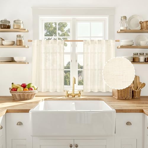LAMIT Beige Sheer Linen Cafe Curtains 30 Inch Length 2 Panels for Windows - color: Beige, size: 34"W x 30"L (Pack of 2)