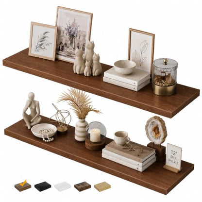 RICHER HOUSE 48Inch Long Floating Shelves, 12" Deep Rustic Wood Wall Shelf - color: Walnut, size: 48in