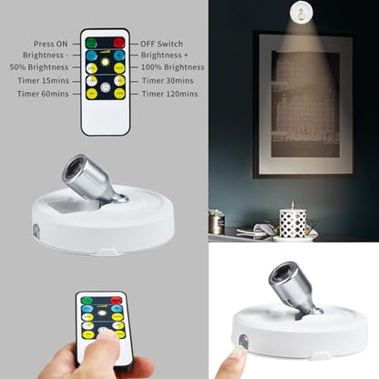 2-Pack LED Spotlight Battery Operated Picture Lights, Puck Lights with 2 Remote, Dimmable Stick Spot Lights with Timmer for Wall Display Painting Dartboard Artwork Accent Closet - color: White Silver