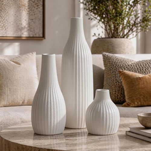 Minimal Line White Ceramic Vase Set of 3, Matte Decorative Flower Vases - color: White