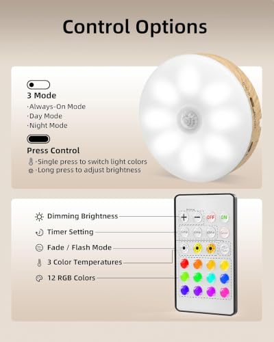 EZVALO Under Cabinet Lighting with Charging Station, 1000mAh Rechargeable Puck Lights with Remote, 3 Color Temps & 12 RGB Closet Lights, Dimmable Motion Sensor Lights for Shelf, Kitchen (6 Packs) - color: Wood Grain