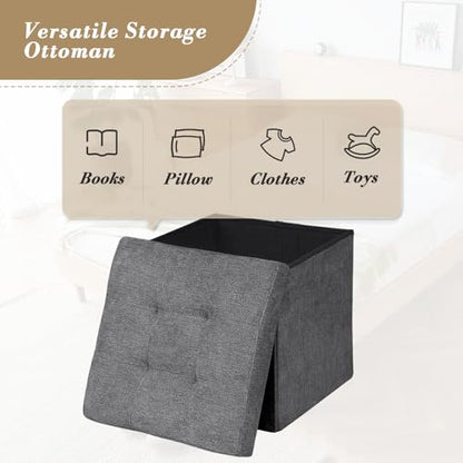 Athena Collection 15" Storage Ottoman Bench Folding Bench with 40L Hidden Storage, Small Cube Ottoman Linen Foot Rest Stool Chest with Flipping Lid for Living Room, Bedroom, Entryway, Dark Gray - color: Dark Gray, style: 15" Linen