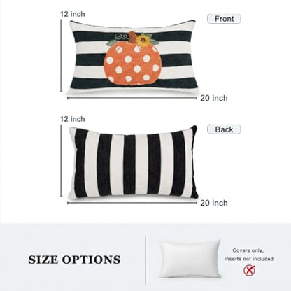 Fall Lumbar Pillow Covers 12x20 Set of 2, Embroidered Pumpkin - color: Black & White Stripe Pumpkin（appliqué）, size: 20" x 12" (Pack of 2)
