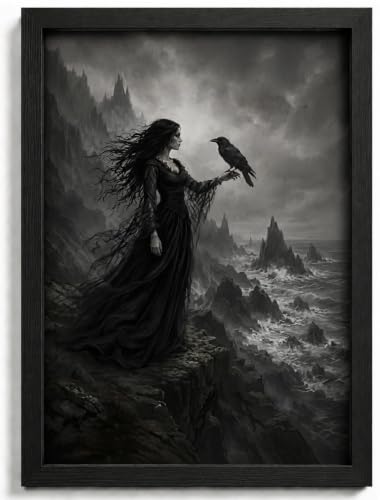 Framed Moody Black Witch and Crow Wall Art,Dark Gothic Misty Seaside Cliff Painting Picture Wall Decor,Halloween Horror Vintage Poster Print Artwork,for Bedroom Living Room Home Decoration - color: Witch and Crow, size: 24"L x 16"W
