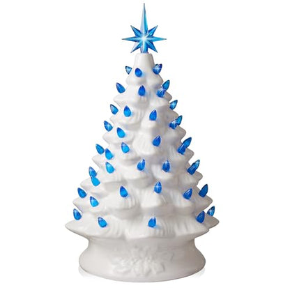 Casafield Hand Painted Ceramic Christmas Tree, White 15-Inch Pre-Lit Tree with 128 Pink and Blue Lights and 2 Star Toppers - color: White Pink Blue Lights