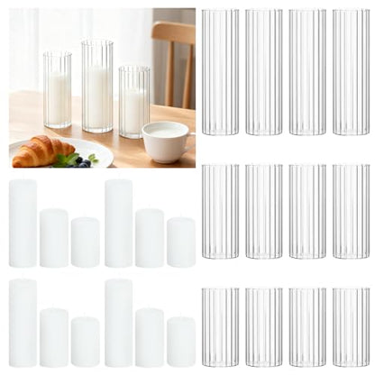 24 PCS White Pillar Candles and Ribbed Glass Cylinder Vases - color: White, size: 12+12