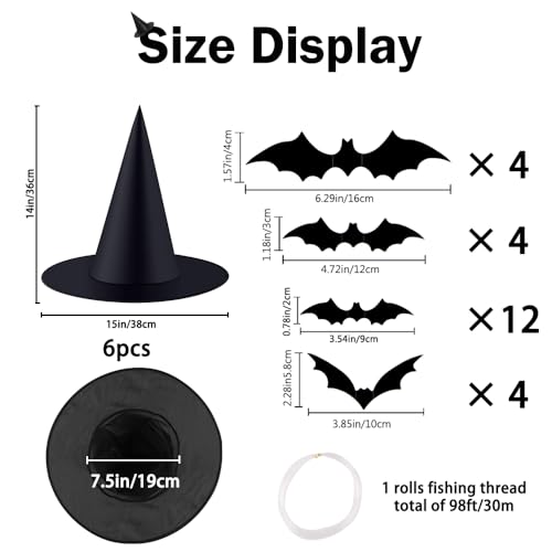 6PCS Halloween Witch Hats 98 FT Nylon Cord 24 Bats for Porch Yard Deco