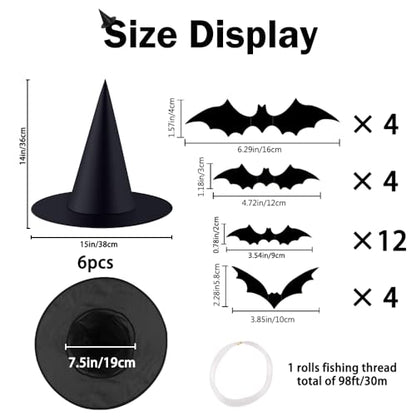 6PCS Halloween Witch Hats 98 FT Nylon Cord 24 Bats for Porch Yard Deco