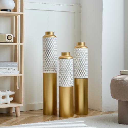 Metal Tall Floor Vase Set of 3, Large Gold Vase Decorative Tall Stand Vases for Dried Flower, Modern Home Decor for Living Room, Hallway, Wedding Centerpiece, 24"/28.3"/32.6", Honeycomb Golden Relief - color: Honeycomb Golden Relief