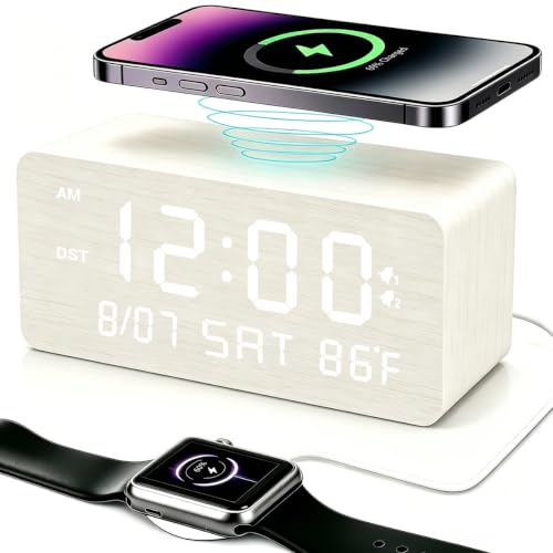 Premium White Wooden Digital Alarm Clock with Wireless Phone Charger, USB Charging Ports, Dimmable LED Display, Date & Day of Week, Temperature, Digital Desk Clock for Bedroom Nightstand Bedside Table - color: White