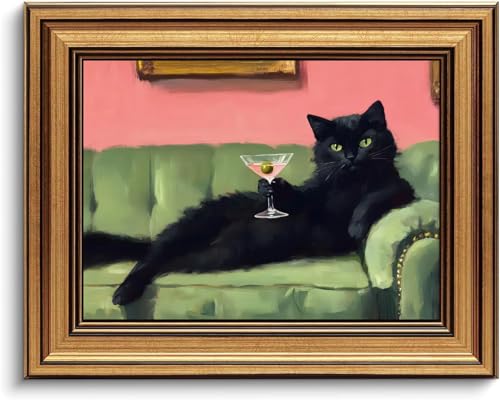 Vintage Gold Framed Black Cat Martini Wall Art Cocktail Bar Cart Wall Decor Funny Cat On Green Sofa Canvas Print Eclectic Whimsical Painting Picture For Bedroom Living Room Decor 9"x 11" - color: Black Cat Martini, size: 11"L x 9"W