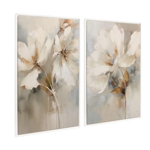 Kate and Laurel Sylvie Beaded Abstract Botanical Floral Linen Painting 1 and 2 Vintage Framed Canvas Wall Art Set by, 2 Piece Set 28x38 Beaded White - color: Beaded White, size: 2 Piece Set 28x38