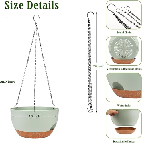 2 Pack 10 Inch Self Watering Hanging Planter for Indoor Outdoor Plants - color: Green, size: 10 inch