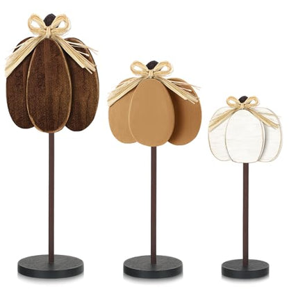 Thyle 3 Pcs Fall Pumpkin Decor, Wooden, Khaki,Grey,White - color: Khaki,grey,white