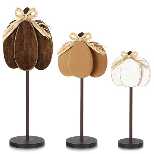 Thyle 3 Pcs Fall Pumpkin Decor, Wooden, Khaki,Grey,White - color: Khaki,grey,white