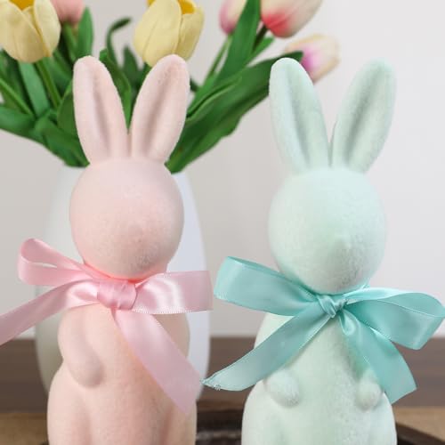 FestalMart Easter Decorations-3 Pack Flocked Bow Tied Bunny Set- Pastel Bunny Decor for Spring Home Shelf Mantel Table Windowsill Party Decor