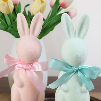 FestalMart Easter Decorations-3 Pack Flocked Bow Tied Bunny Set- Pastel Bunny Decor for Spring Home Shelf Mantel Table Windowsill Party Decor
