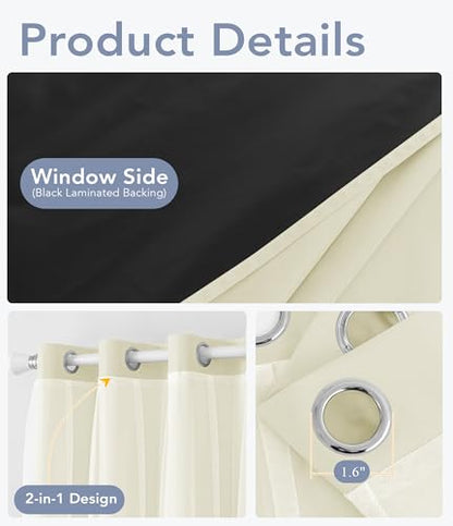 100% Blackout Curtains with Sheer Overlay, Beige, 52 x 96 inch, 2 Panels - color: Beige, size: 52"W x 96"L (Pack of 2)
