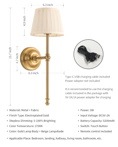 KDG Gold Cordless Wall Sconces Set of 2, Beige Fabric LED Wall Lamps - color: Gold + Beige Lampshde (2 Pack)