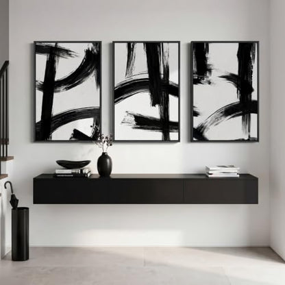 Large Framed Black and White Modern Abstract Wall Art Set, 3 Piece 24x36 In - color: Black and White A, size: 24" W x 36" H x 3Pcs
