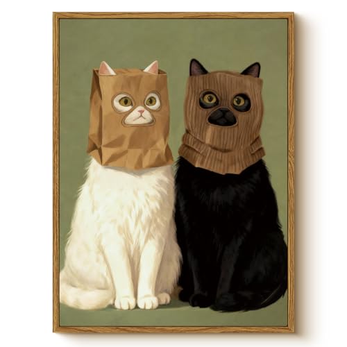 WHASAYART Whimsical Cats Wearing Paper Bag Masks Wall Art Framed 12"×16" - color: Masked Two Cats, size: 16"L x 12"W