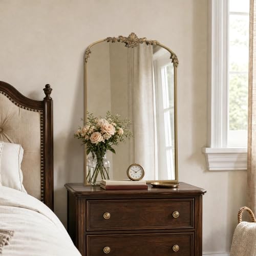 Besdomus Vintage Arched Gold Mirror: 24"x36" Antique Large Vanity Mirror - size: 36"L x 24"W