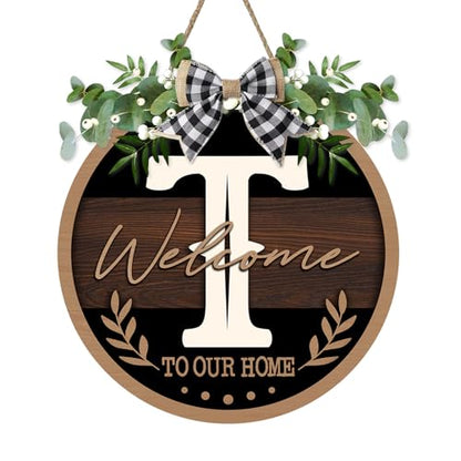 Monogram Letter T Front Door Sign, Welcome to Our Home Family Last - color: T