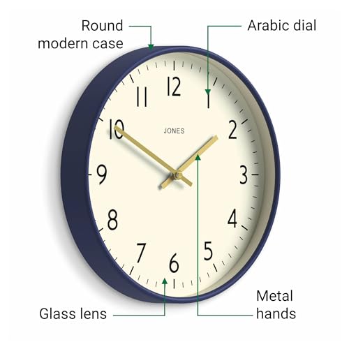 JONES CLOCKS® Studio Clock | Modern Round wall Clock | 12" | Navy Blue - color: Navy Blue