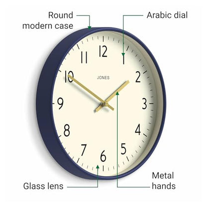 JONES CLOCKS® Studio Clock | Modern Round wall Clock | 12" | Navy Blue - color: Navy Blue