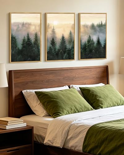 KUVIOKE Sun Dawn Fog Pine Tree Framed Wall Art Morden Nature Nordic Forests Artwork Bedroom Decor 16x24in (Natural Framed) - color: Pine Forests, size: 16 x 24in x 3 Panels Natural