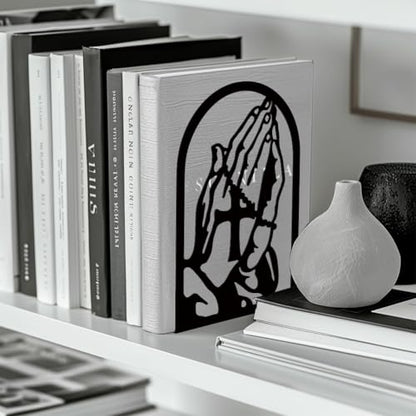 Peacoblue 4.7"x3.5"x7.87" Metal Bookends, Heavy Duty Book Ends for Shelves - style: Folded Hands and Cross