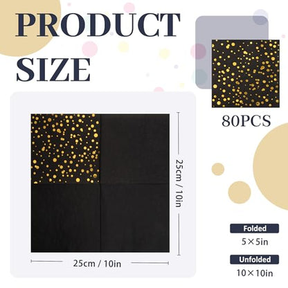 80 Pack of Black Paper Cocktail Napkins with Gold Foil Polka Dot Confetti，Polka Dot Party Supplies(5 x 5 in，3-ply) (Gold Black Pot) - style: Small Black Gold Dot