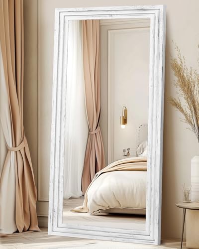 76x34in Full Length Mirror, 3-Tier Stepped Solid Wood Frame, White - color: White, size: 76"L x 34"W