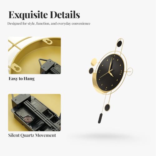 Cuspin Modern Wall Clock Black Gold with Pendulum, Decorative Metal Clock - color: Black Gold Modern