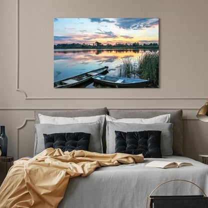 Dream Land Lake Landscape Canvas Wall Art: Green Water Wilderness Painting Relaxing Dusk Scenery Picture for Living Room - color: boat, size: 45"L x 30"W