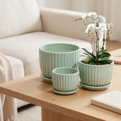 Flower Pots,Ceramic Plant Pots with Drainage Holes Set of 3（Light Green） - color: Light Green