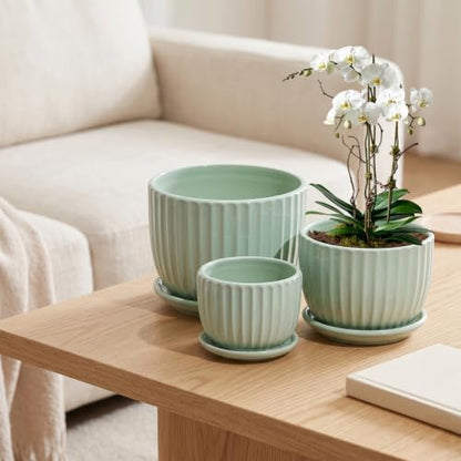 Flower Pots,Ceramic Plant Pots with Drainage Holes Set of 3（Light Green） - color: Light Green