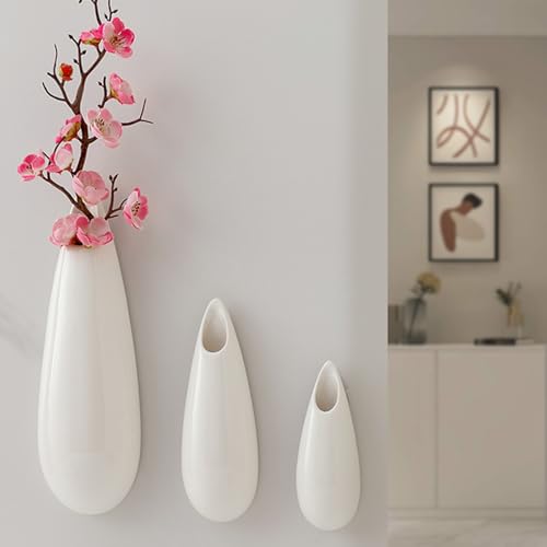 White Ceramic Wall Vases, Set of 2, 12 Inch, Teardrop Design - color: 3pcs-small&medium&large