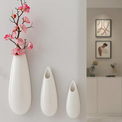 White Ceramic Wall Vases, Set of 2, 12 Inch, Teardrop Design - color: 3pcs-small&medium&large