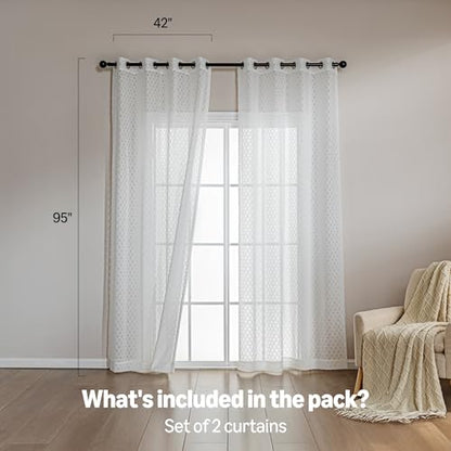 Amazon Basics Lace Sheer Curtains for Living Room and Bedroom, 2-Panel Set with Grommet, 42" W × 95" L, White Cloverleaf - color: White Cloverleaf, size: 42"W x 95"L (Pack of 2)